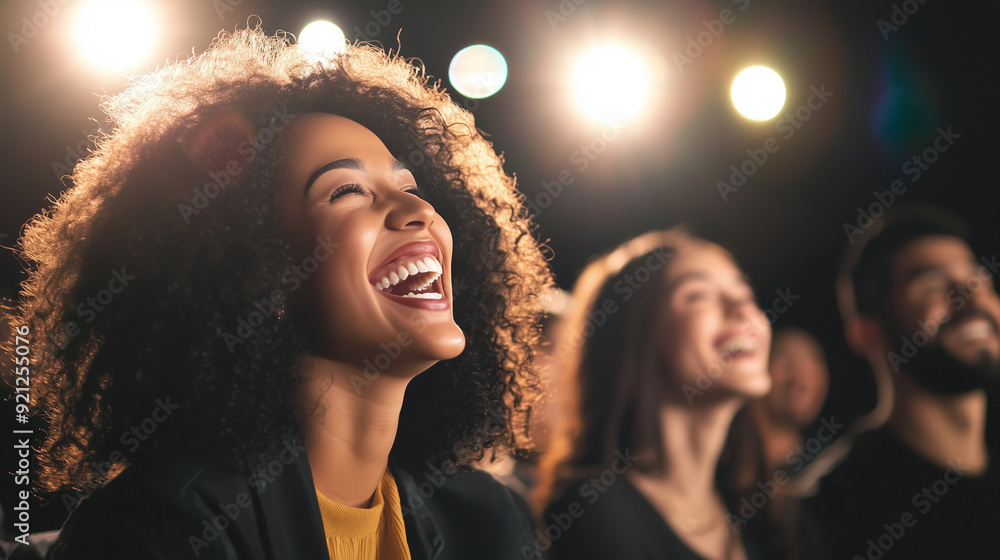 A group of friends bursting into laughter, capturing the joy of social interaction at a comedian show. The vibrant smiles and shared amusement highlight happiness and camaraderie. A group of friends bursting into laughter, capturing the joy of social interaction at a comedian show. The vibrant smiles and shared amusement highlight happiness and camaraderie.
