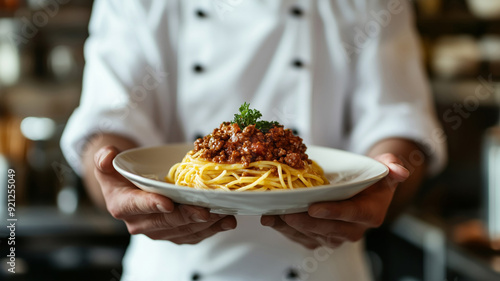 Close-up of a restaurant chef holding a plate with spaghetti bolognese