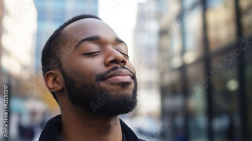 A black man in his thirties with short hair and beard is breathing fresh air on the street