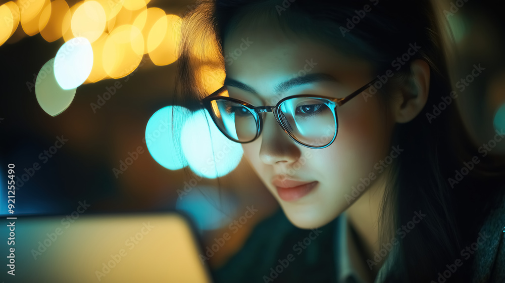 A young Asian business woman in eyeglasses, working intently on her laptop compute A young Asian business woman in eyeglasses, working intently on her laptop compute