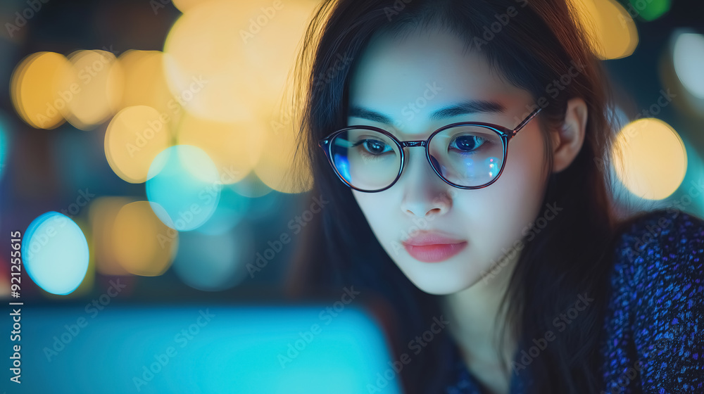A young Asian business woman in eyeglasses, working intently on her laptop computer. A young Asian business woman in eyeglasses, working intently on her laptop computer.