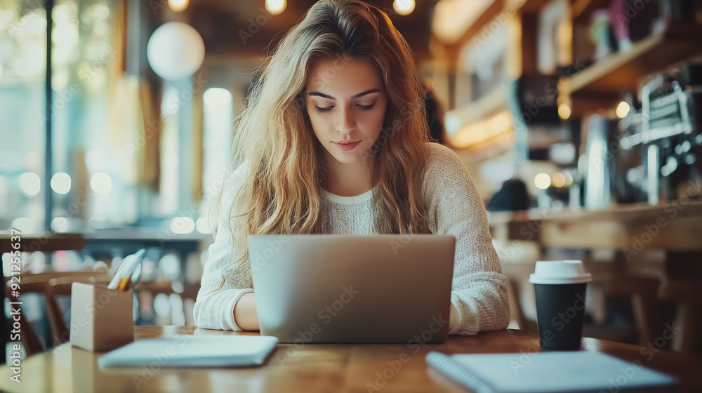 A woman surfing the internet on her laptop in a coffee shop A woman surfing the internet on her laptop in a coffee shop