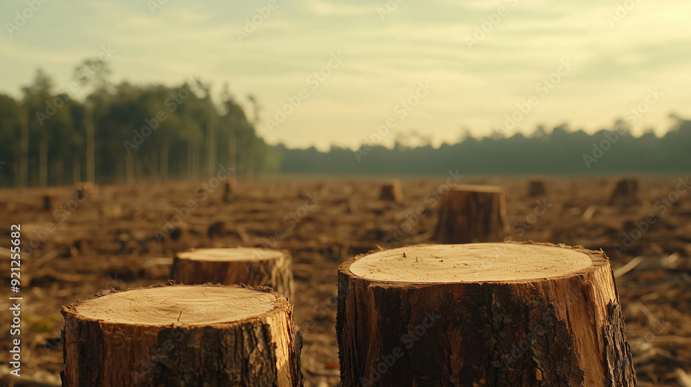 A grim scene of deforestation, showcasing a desolate landscape filled with tree stumps, highlighting the devastating effects on the environment and the importance of conservation e A grim scene of deforestation, showcasing a desolate landscape filled with tree stumps, highlighting the devastating effects on the environment and the importance of conservation e