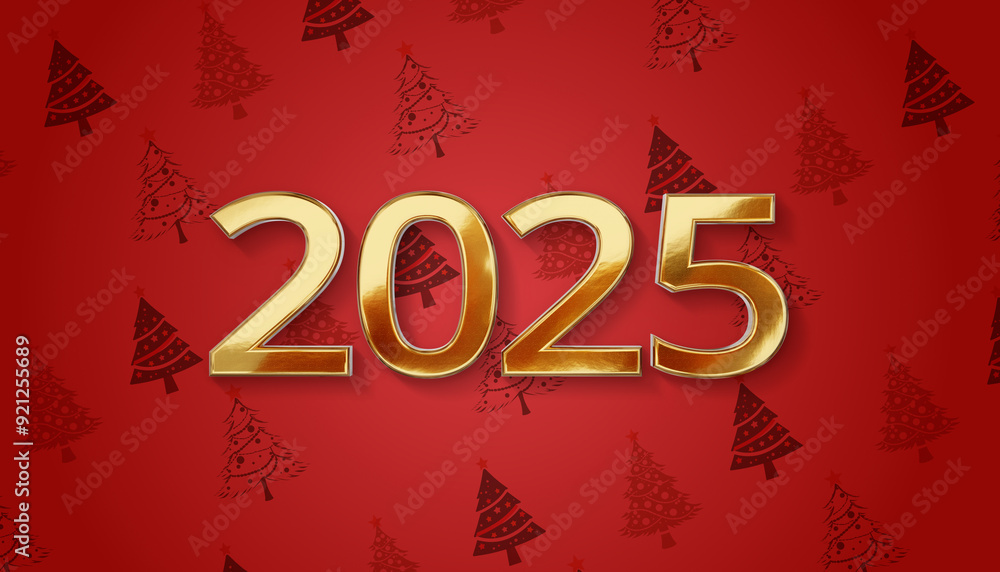 Christmas red background creative flat christmas fir tree and christmas gifts with clear design golden metallic year number 2025, isolated, shadow to bottom-right, new year, flat-style Christmas red background creative flat christmas fir tree and christmas gifts with clear design golden metallic year number 2025, isolated, shadow to bottom-right, new year, flat-style