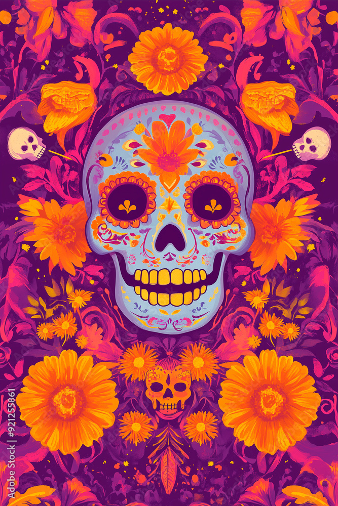 gift card for Day of the Dead. The card should feature traditional elements such as sugar skulls (calaveras), marigold flowers, and papel picado banners. Use a bright and lively color palette gift card for Day of the Dead. The card should feature traditional elements such as sugar skulls (calaveras), marigold flowers, and papel picado banners. Use a bright and lively color palette