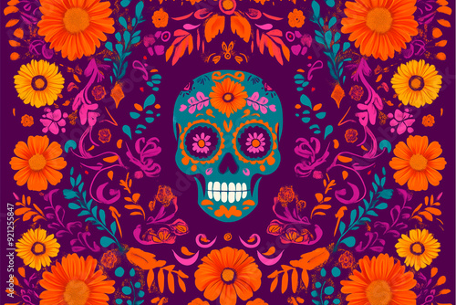 gift card for Day of the Dead. The card should feature traditional elements such as sugar skulls (calaveras), marigold flowers, and papel picado banners. Use a bright and lively color palette