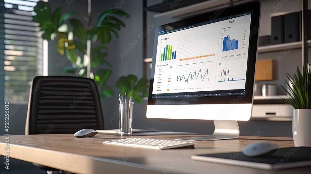 A modern office scene with a computer showing graphs and charts, a keyboard and mouse on the table, and a chair in the background. A modern office scene with a computer showing graphs and charts, a keyboard and mouse on the table, and a chair in the background.