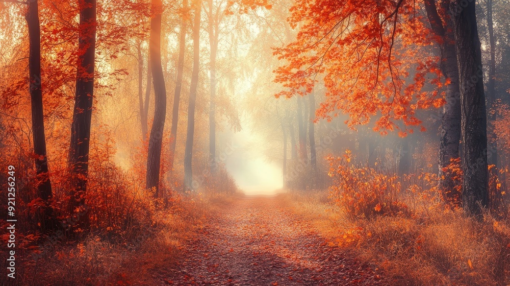 A peaceful autumn forest path surrounded by orange and red trees. The morning sunlight breaks through the fog, creating a magical, scenic view. A peaceful autumn forest path surrounded by orange and red trees. The morning sunlight breaks through the fog, creating a magical, scenic view.