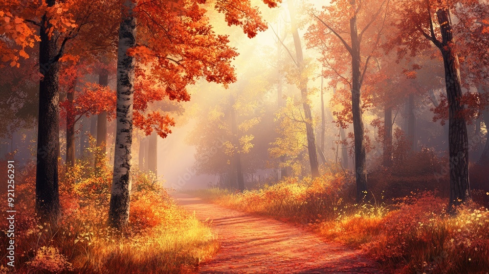 Fototapeta premium A peaceful autumn forest path with orange and red trees, bathed in warm morning sunlight. The scene captures the beauty of a foggy fall morning.