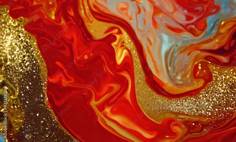 Fluid art painting of a red and gold swirl with black and gold accents ...