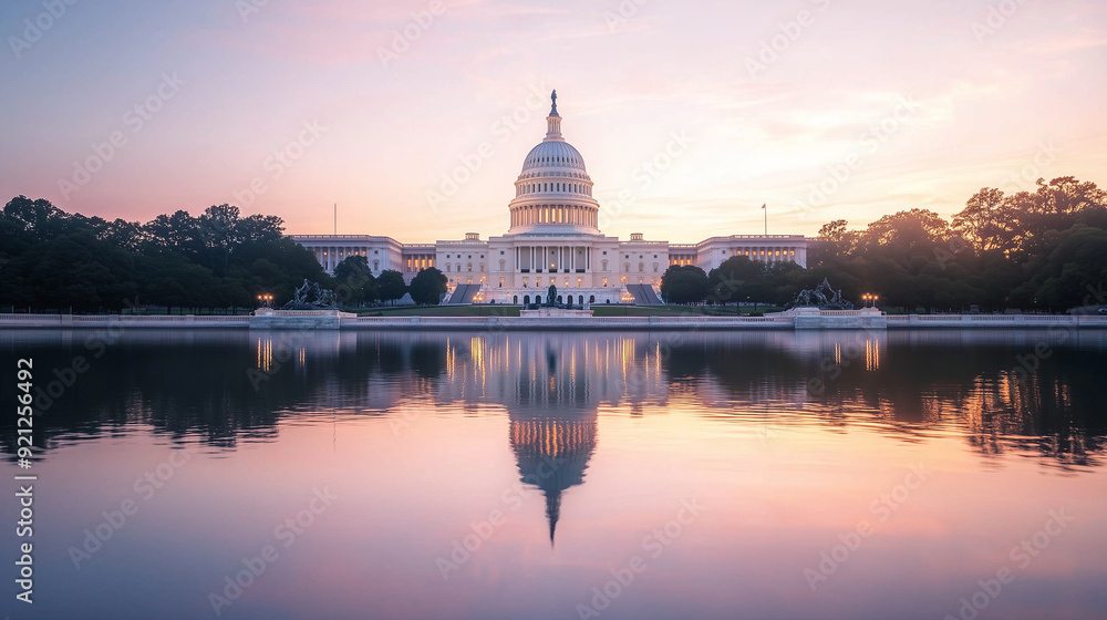 Obraz premium The U.S. Capitol building reflected in calm water, illuminated with red and blue hues. The image symbolizes the balance and contrast within the political landscape. Photo