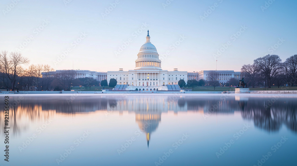 Obraz premium The U.S. Capitol building reflected in calm water, illuminated with red and blue hues. The image symbolizes the balance and contrast within the political landscape. Photo