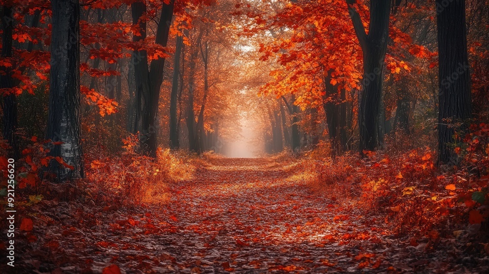 A quiet autumn forest path, covered in red-brown maple leaves and surrounded by orange trees. The bright morning sunlight adds warmth to this peaceful nature scene. A quiet autumn forest path, covered in red-brown maple leaves and surrounded by orange trees. The bright morning sunlight adds warmth to this peaceful nature scene.