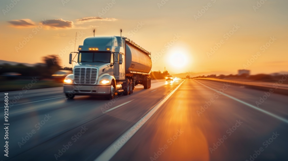 Truck Driving on Open Highway at Sunset With Golden Sky Truck Driving on Open Highway at Sunset With Golden Sky