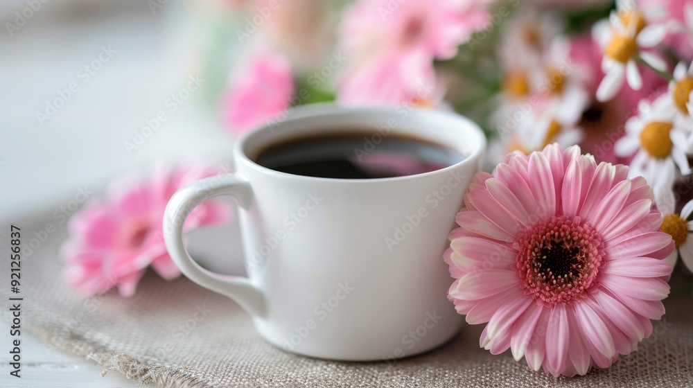 White Mug Filled With Coffee Next to Cherry Blossom Branch on Wooden Table White Mug Filled With Coffee Next to Cherry Blossom Branch on Wooden Table