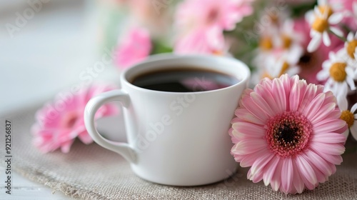 White Mug Filled With Coffee Next to Cherry Blossom Branch on Wooden Table