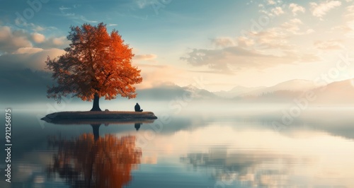 Solitary Figure by Autumn Tree on Calm Lake at Dawn