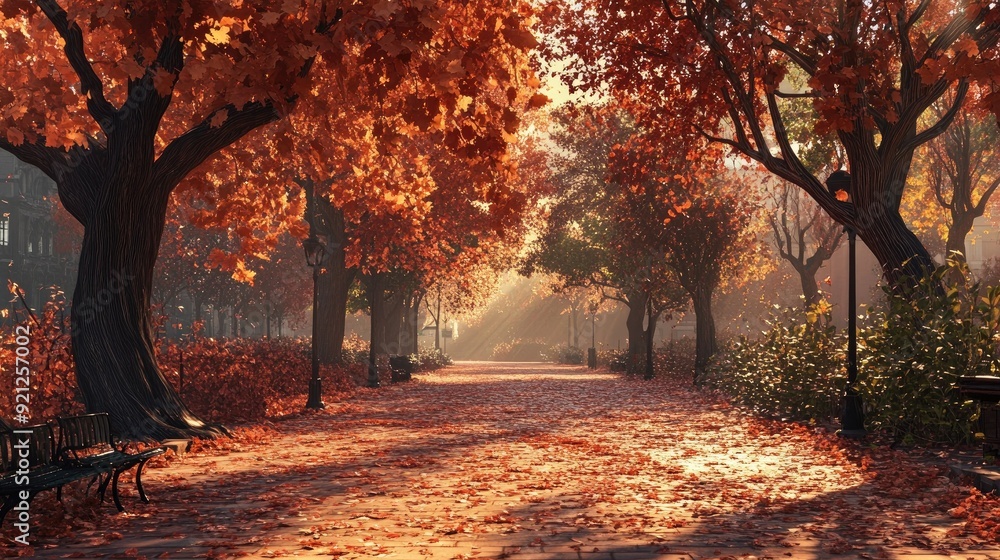 Fototapeta premium A serene autumn path in a city park, covered in red-brown leaves and surrounded by orange trees. The warm sunlight creates a magical, inviting atmosphere.