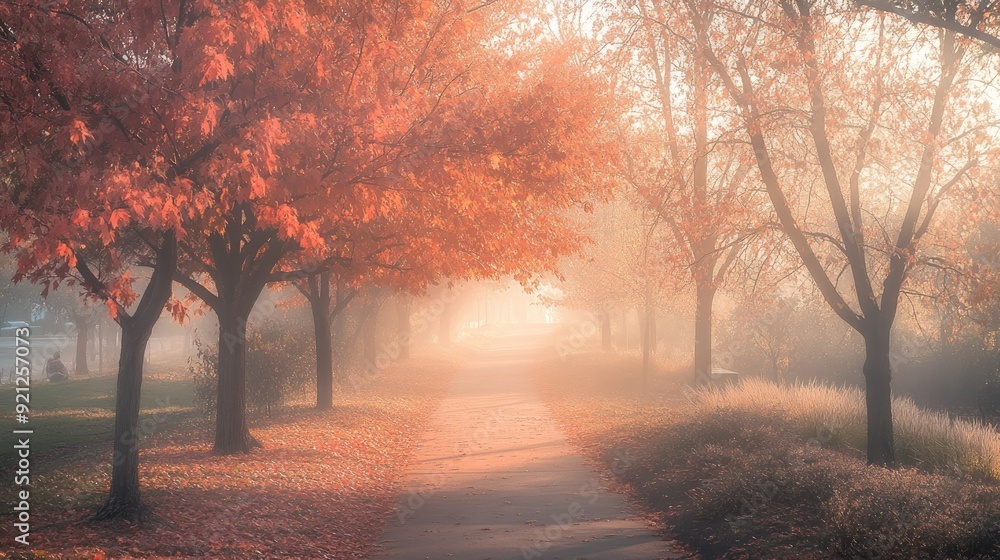 A serene autumn path in a city park, surrounded by orange and red trees. The warm morning sunlight filters through the fog, creating a peaceful, scenic view. A serene autumn path in a city park, surrounded by orange and red trees. The warm morning sunlight filters through the fog, creating a peaceful, scenic view.