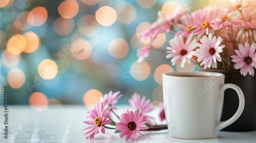 White Mug Filled With Coffee Next to Cherry Blossom Branch on Wooden Table