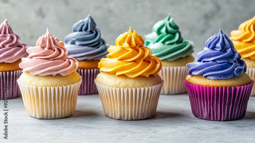 A variety of colorful cupcakes, with intricate frosting designs, sitting on a light gray concrete surface, their vivid hues standing out against the muted background A variety of colorful cupcakes, with intricate frosting designs, sitting on a light gray concrete surface, their vivid hues standing out against the muted background