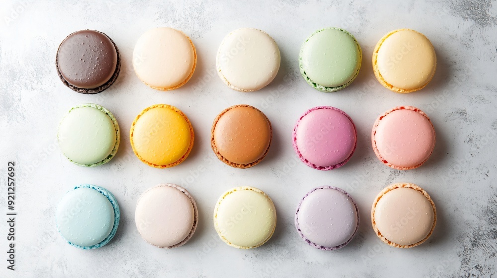 Fototapeta premium A vibrant array of macarons in pastel colors arranged on a light gray concrete surface, their smooth surfaces contrasting with the rough texture beneath
