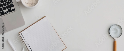 Open Notebook With Magnifying Glass, Orange Pen, Coffee, And Succulent Plant ...