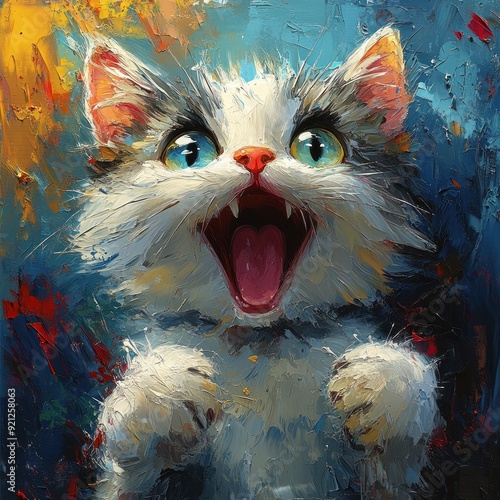 Dynamic white and gray kitten with wide open mouth. photo