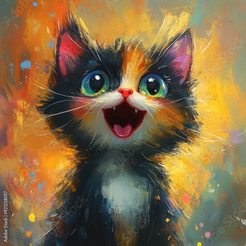 Excited kitten with vibrant background and colors.