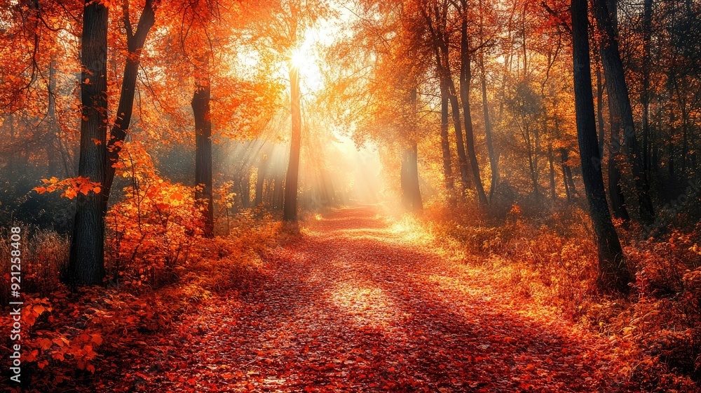 A vibrant autumn forest path, with orange trees and red-brown leaves covering the ground. The bright morning sunlight creates a serene, scenic view. A vibrant autumn forest path, with orange trees and red-brown leaves covering the ground. The bright morning sunlight creates a serene, scenic view.
