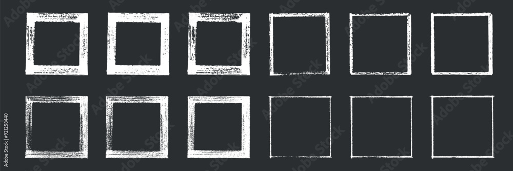 Chalk or crayon hand drawing frames set. Grunge rectangle and square shape. Vector stock illustration isolated on black background for design template social media files, print and photo materials Chalk or crayon hand drawing frames set. Grunge rectangle and square shape. Vector stock illustration isolated on black background for design template social media files, print and photo materials