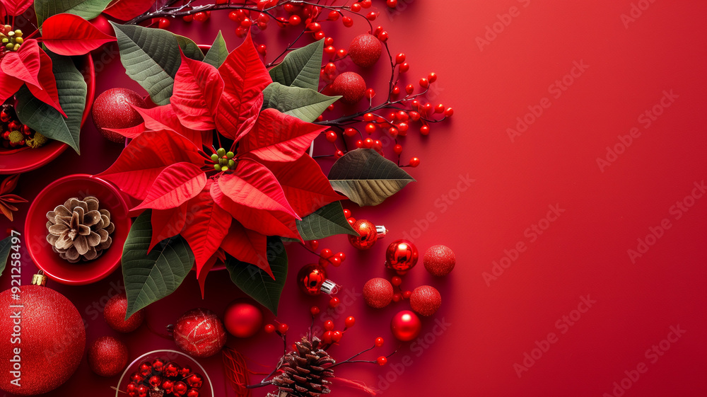 An overhead view of a table adorned with red poinsettia and classic Christmas decorations on a vibrant red background An overhead view of a table adorned with red poinsettia and classic Christmas decorations on a vibrant red background