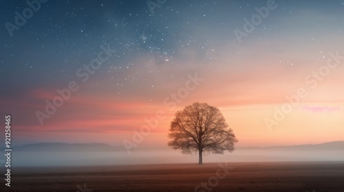 Tranquil Sunset Over a Solitary Tree in a Misty Landscape