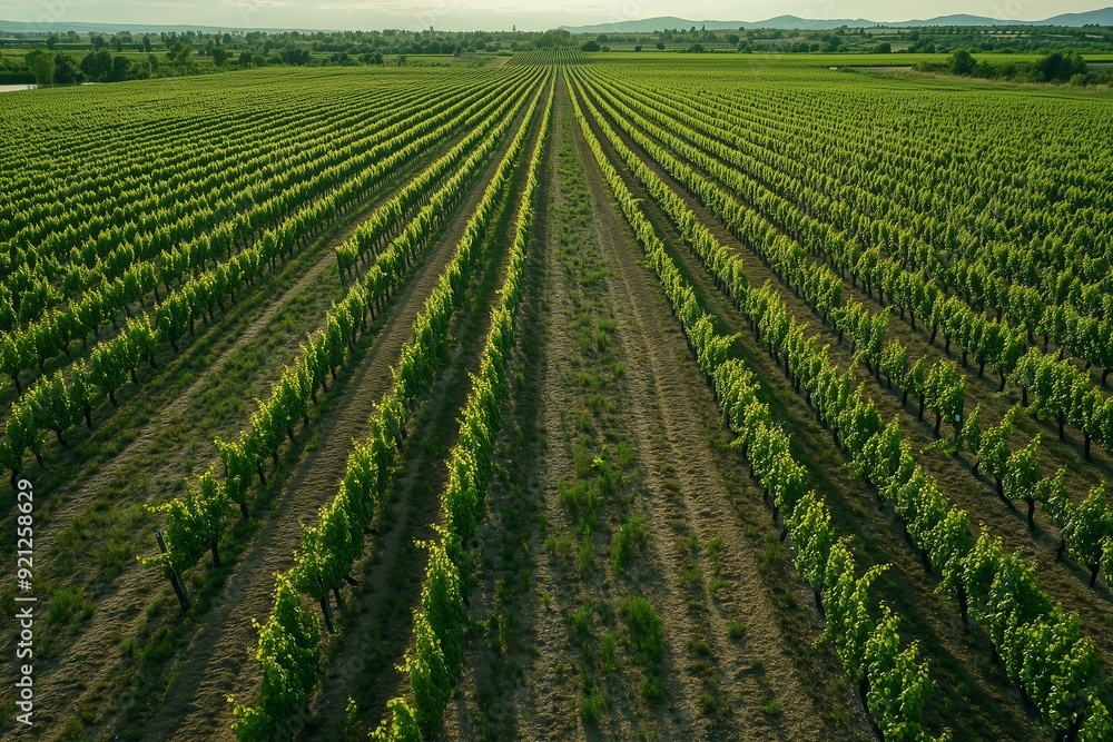 Rows of grapevines stretch across a sunlit vineyard in the countryside during late afternoon Rows of grapevines stretch across a sunlit vineyard in the countryside during late afternoon