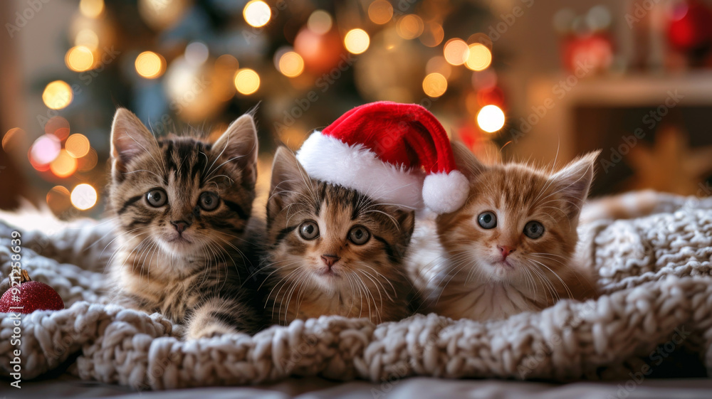 Three adorable kittens wearing Santa hats peek out from a cozy knit blanket. Warm bokeh lights twinkle in the background, creating a festive Christmas atmosphere. Three adorable kittens wearing Santa hats peek out from a cozy knit blanket. Warm bokeh lights twinkle in the background, creating a festive Christmas atmosphere.