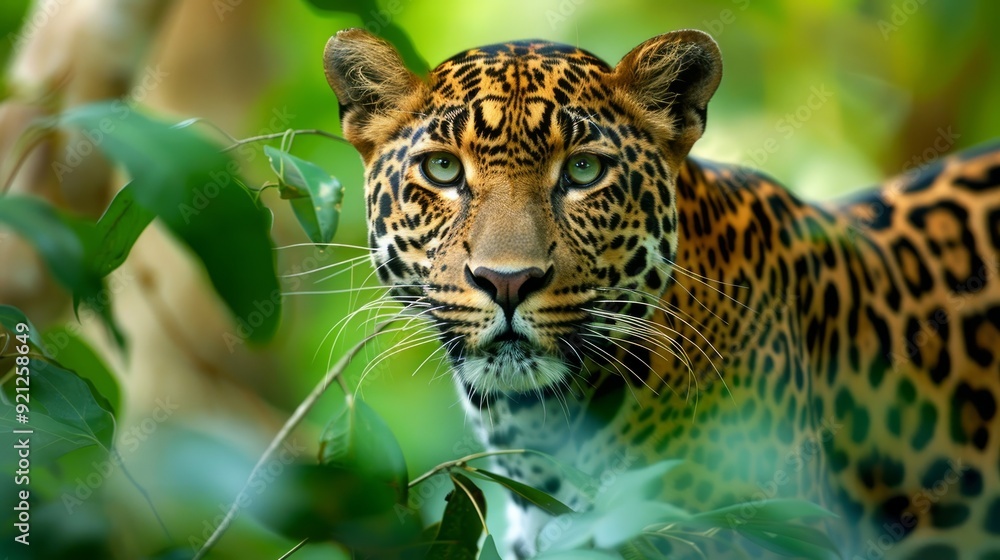 Obraz premium The Sri Lankan Leopard: A symbol of the island's biodiversity, this elusive big cat roams its lush jungles, embodying strength, grace, and conservation significance