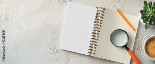Open Notebook With Magnifying Glass, Orange Pen, Coffee, And Succulent Plant ...