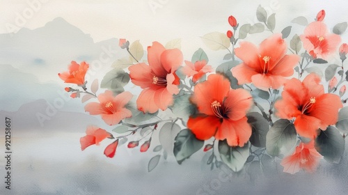 Vibrant Red Hibiscus Blooms Against a Soft Misty Background