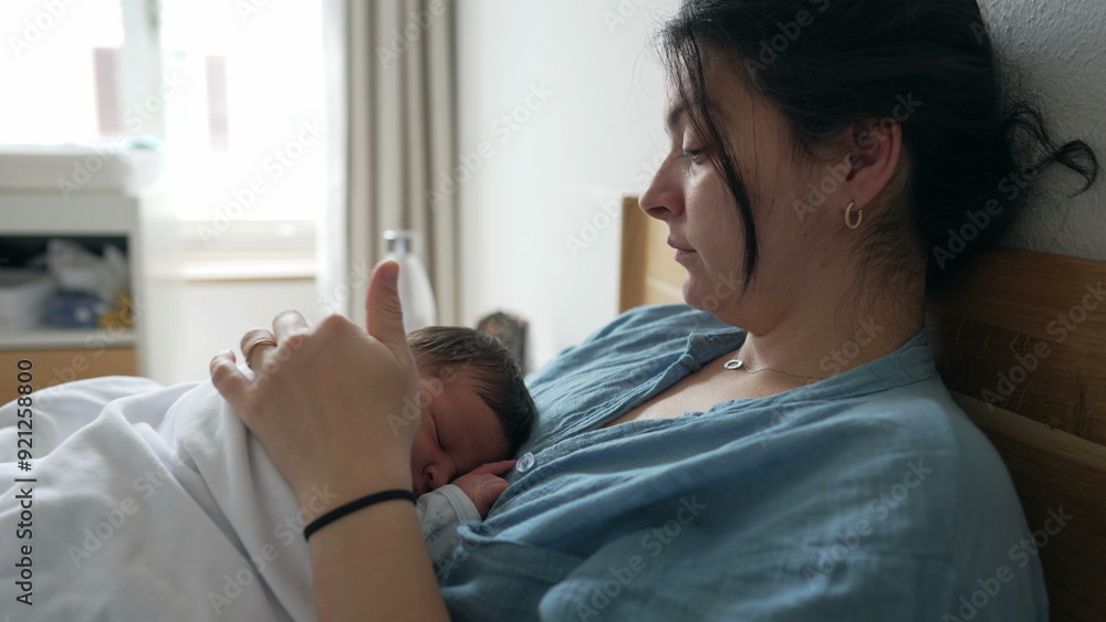 Fototapeta premium Mother resting with newborn baby on her chest, wrapped in a soft blanket, intimate and peaceful moment in a cozy indoor setting, showing warmth, love, and secure bonding