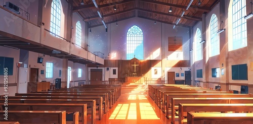 anime style urban church fellowship hall interior for background