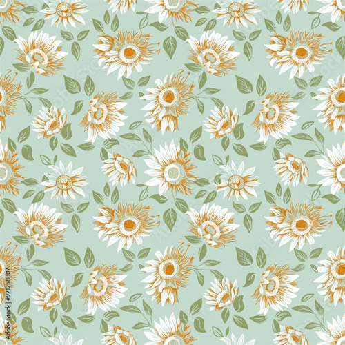 Ditsy Summer Sunflowers Vector Seamless Pattern