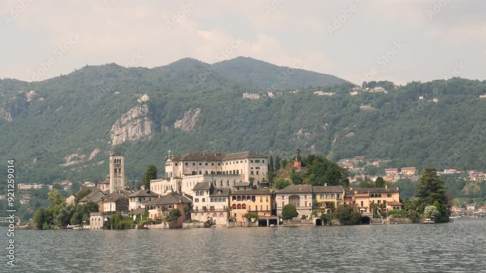 Orta San Giulio, lake Orta, Italy,2024,july,7th, view of saint Giulio island, Orta San Giulio, lake Orta, Italy,2024,july,7th, view of saint Giulio island,