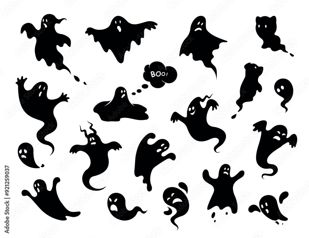 © Larisa - Halloween. Ghosts icon set. Collection of various scary and funny ghosts and animal ghosts. Magic symbols for parties, celebrations, templates and decorations. Isolated silhouette. Vector © Larisa - Halloween. Ghosts icon set. Collection of various scary and funny ghosts and animal ghosts. Magic symbols for parties, celebrations, templates and decorations. Isolated silhouette. Vector