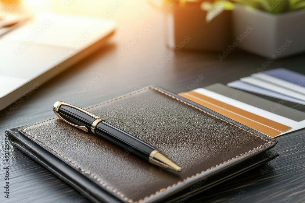 A pen and wallet rest on a desk alongside a laptop and several credit cards, creating a workspace scene. A pen and wallet rest on a desk alongside a laptop and several credit cards, creating a workspace scene.