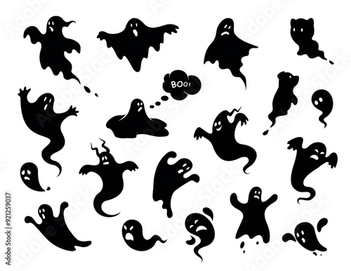Halloween. Ghosts icon set. Collection of various scary and funny ghosts and animal ghosts. Magic symbols for parties, celebrations, templates and decorations. Isolated silhouette. Vector