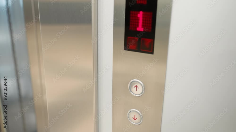 a modern elevator panel with up and down buttons. The scene shows a ...