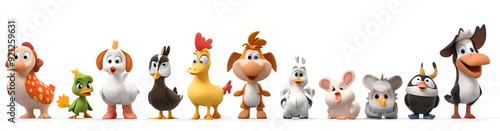 3D cartoon happy farm animals farmer characters sheet white background Farm and Characters Concept