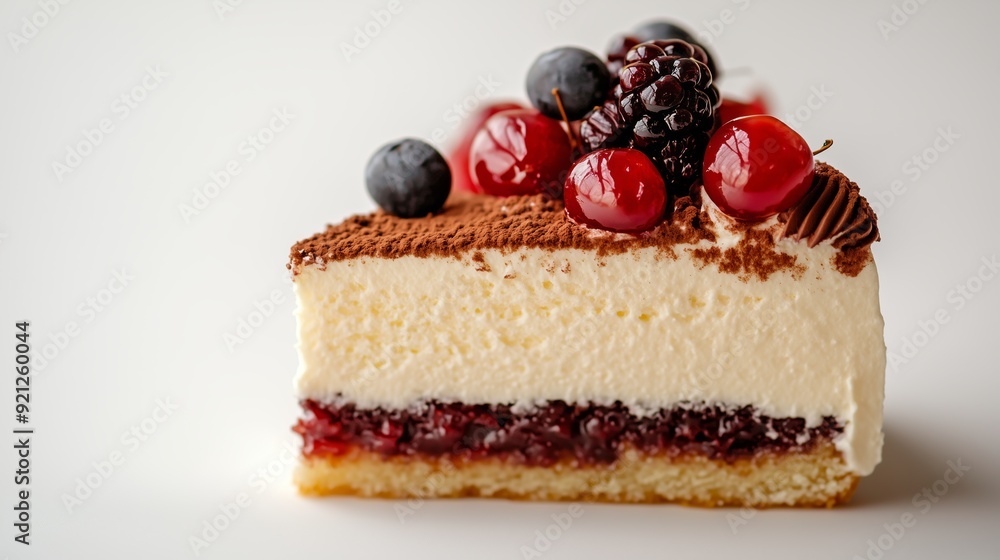 Delicious cheesecake slice topped with cherries, blueberries, and blackberries on white background Delicious cheesecake slice topped with cherries, blueberries, and blackberries on white background