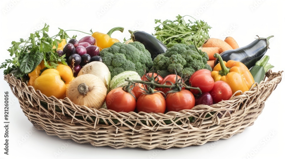 Vegetables on rattan basket isolated on white background with clipping path Vegetables on rattan basket isolated on white background with clipping path