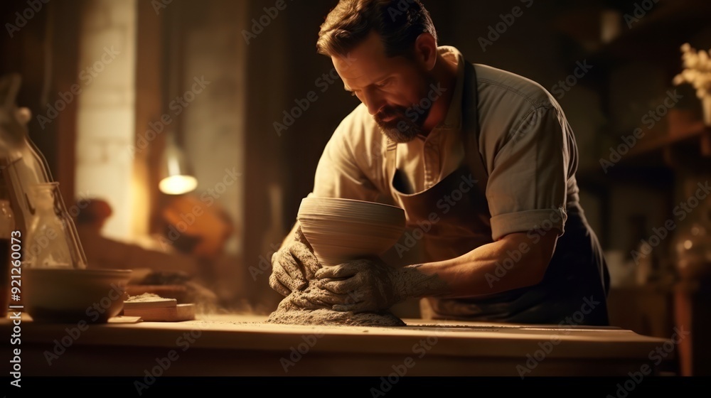 A man in a white shirt and brown apron is working on a pottery piece. He is shaping the piece with his hands and using a tool to smooth it out. A man in a white shirt and brown apron is working on a pottery piece. He is shaping the piece with his hands and using a tool to smooth it out.